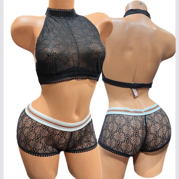 Victorias Secret crochet lace Set Unlined High Neck bralette bra M & Shortie L - Picture 1 of 6